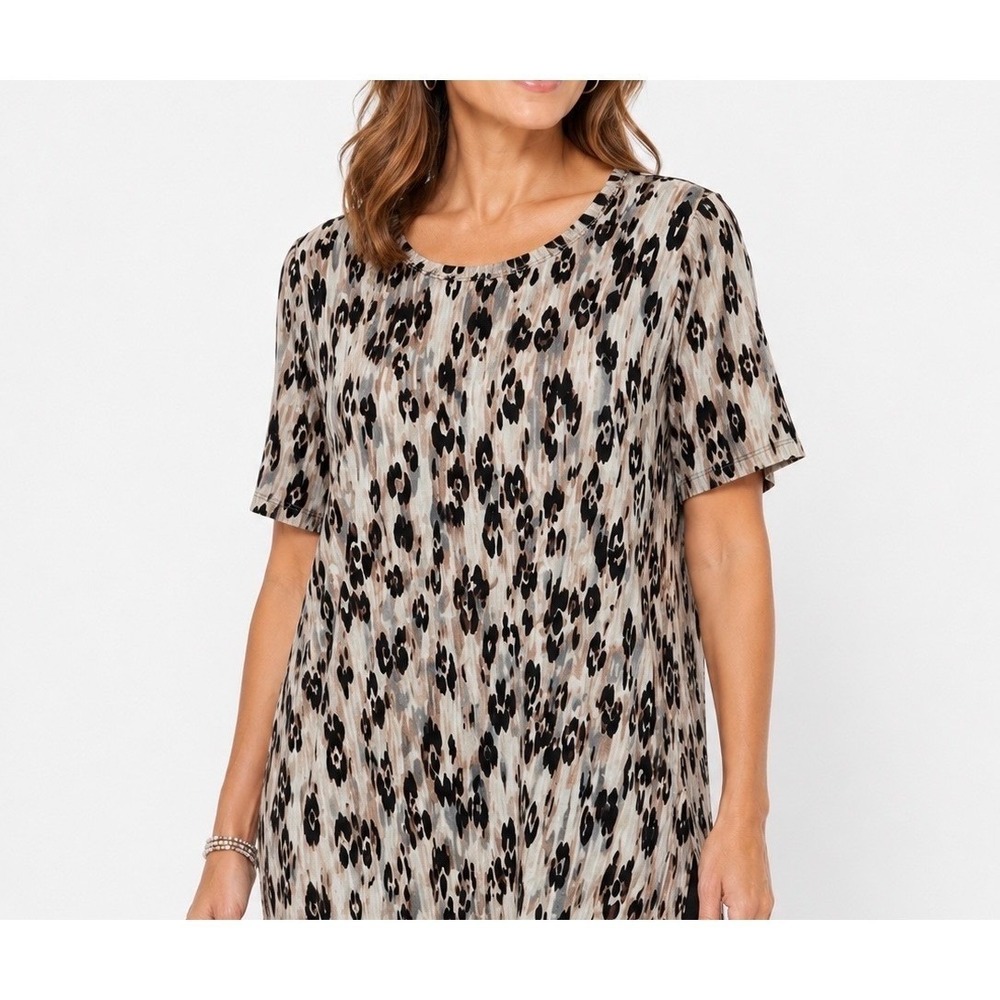 LOGO Lori Goldstein Womens Medium Leopard Print Short Sleeve Tunic Top Tan Black